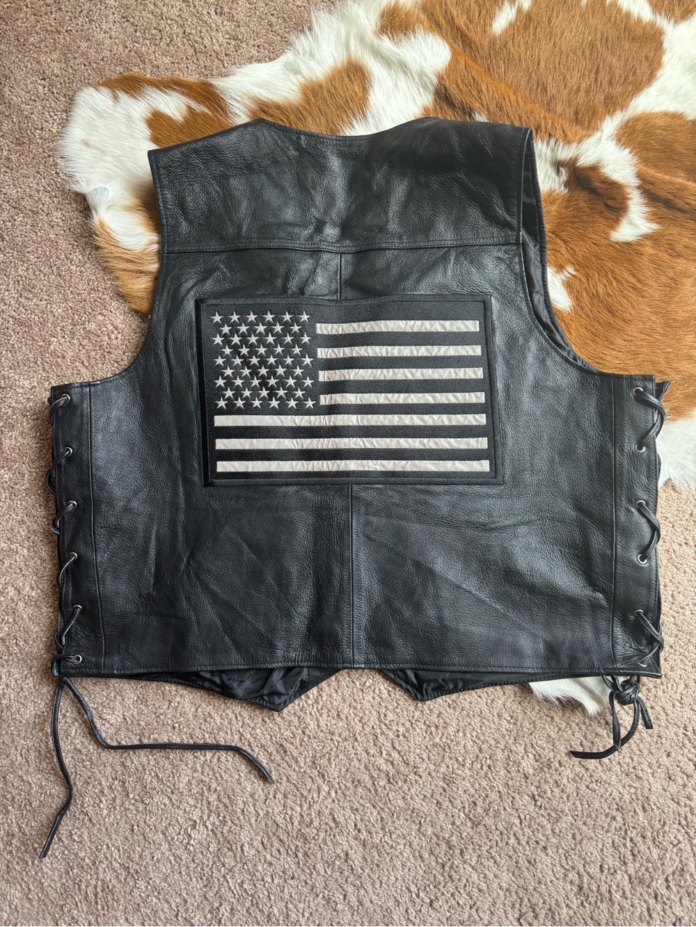 Bikers Club American Flag Black Leather Vest 2XL